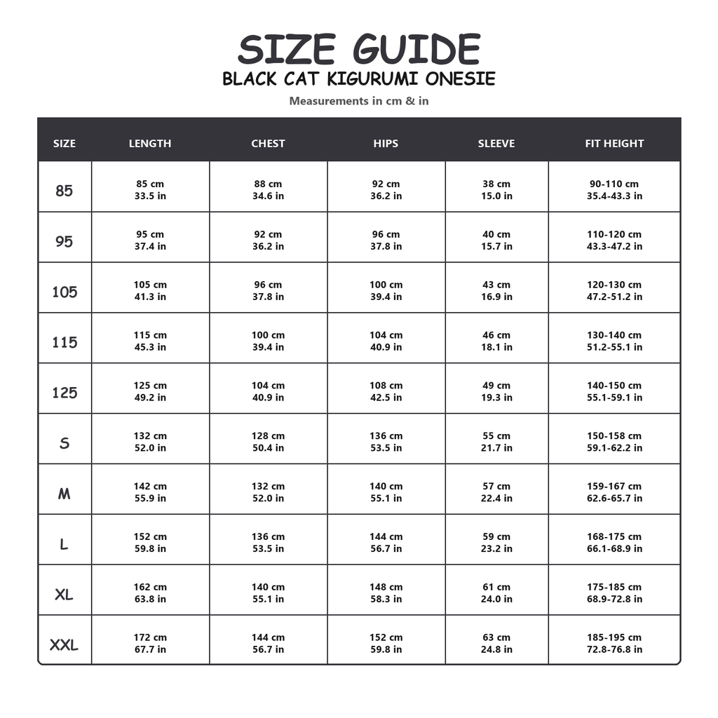 Black Cat Kigurumi Onesie - size guide