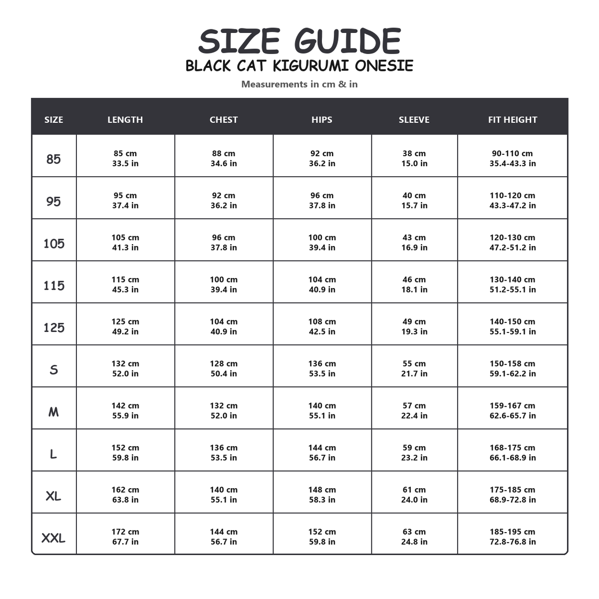 Black Cat Kigurumi Onesie - size guide