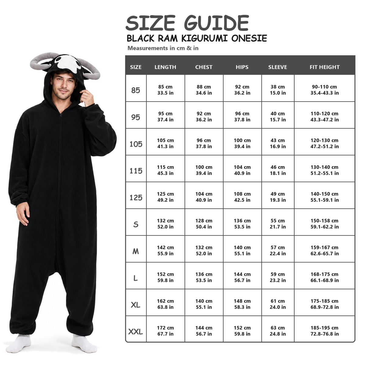 Black Ram Kigurumi Onesie - size guide