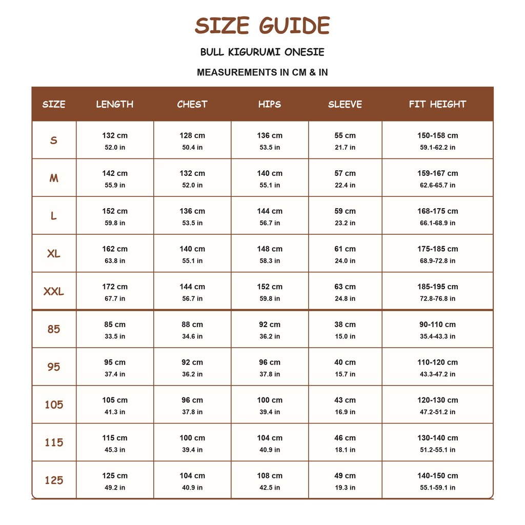 Bull Kigurumi Onesie - size guide