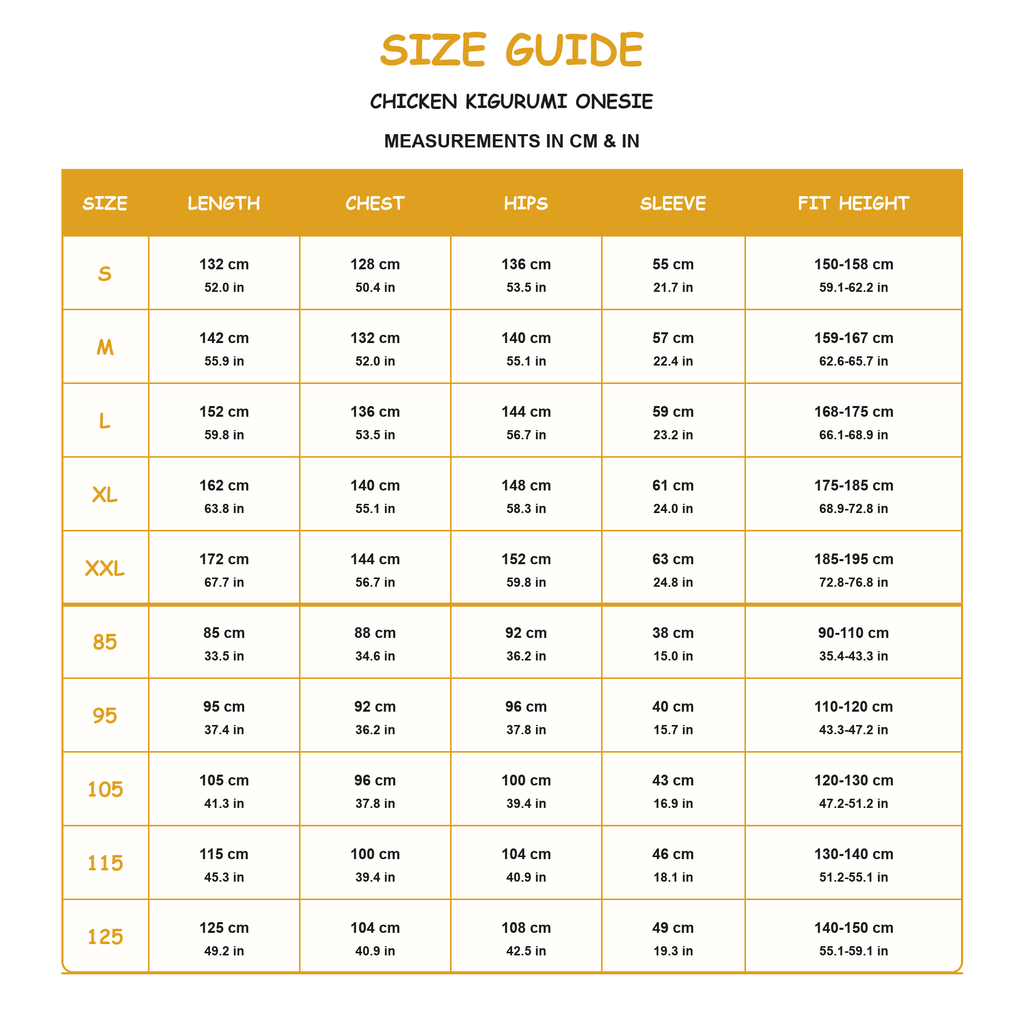 Chicken Kigurumi Onesie - size guide