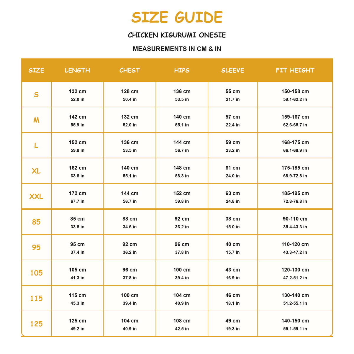 Chicken Kigurumi Onesie - size guide