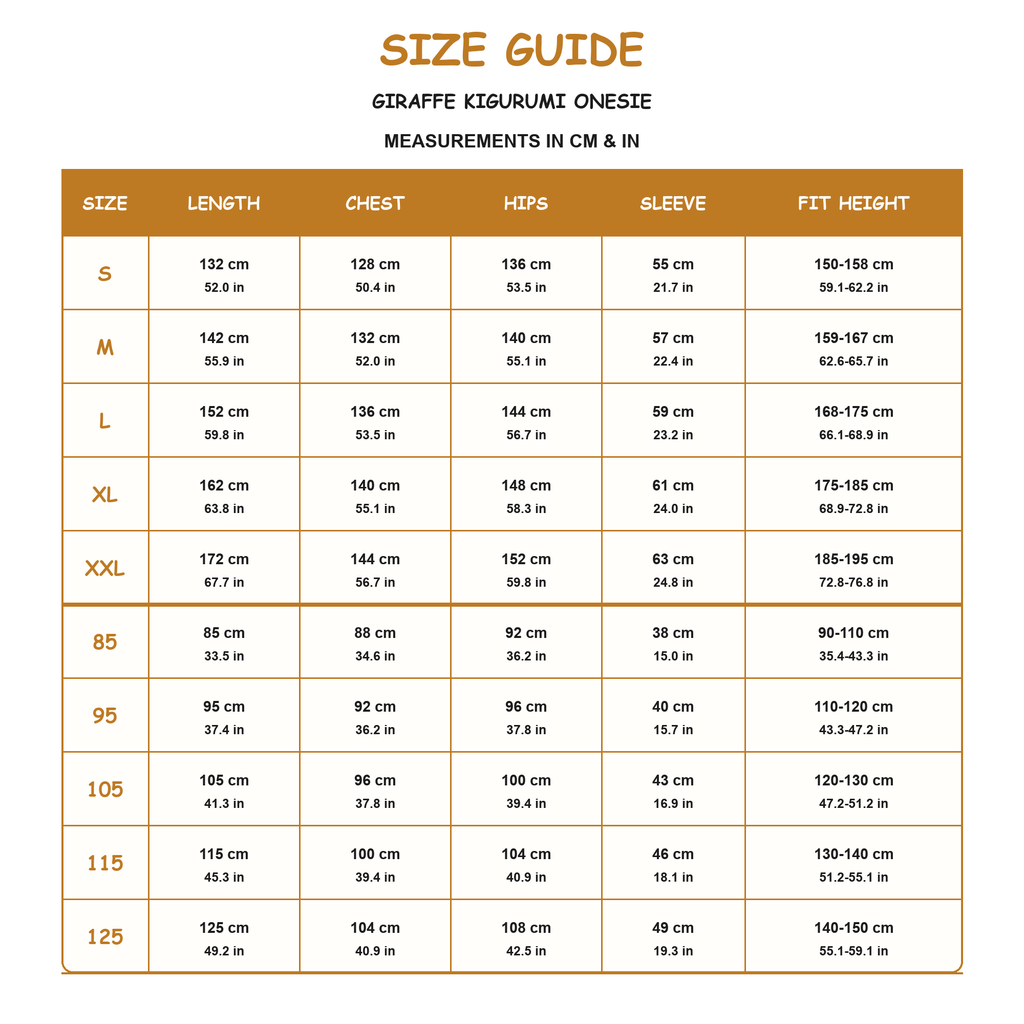 Giraffe Kigurumi Onesie - size guide