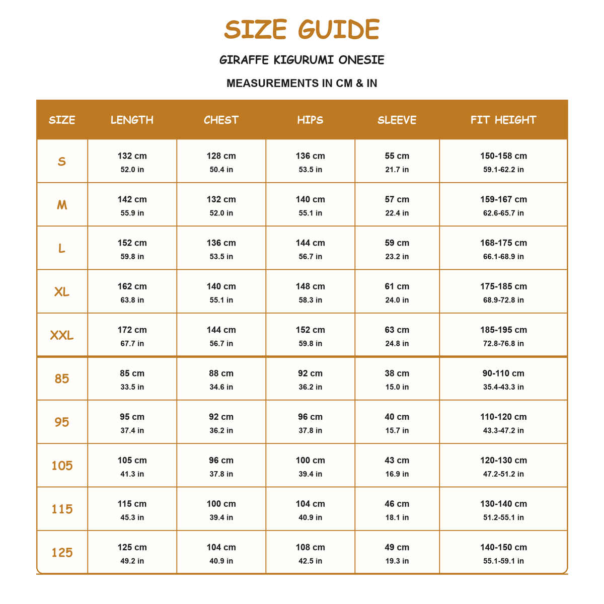 Giraffe Kigurumi Onesie - size guide