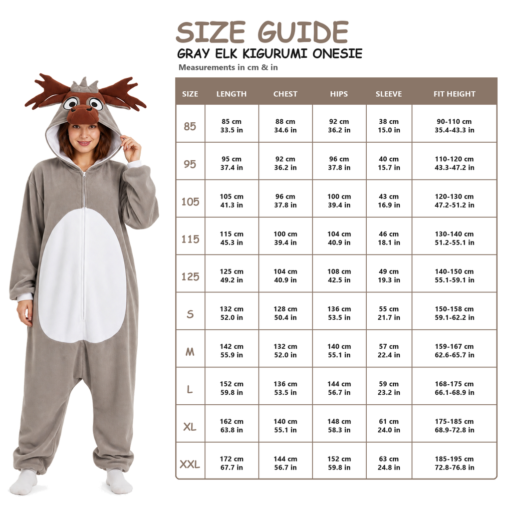 Gray Moose Kigurumi Onesie - size guide