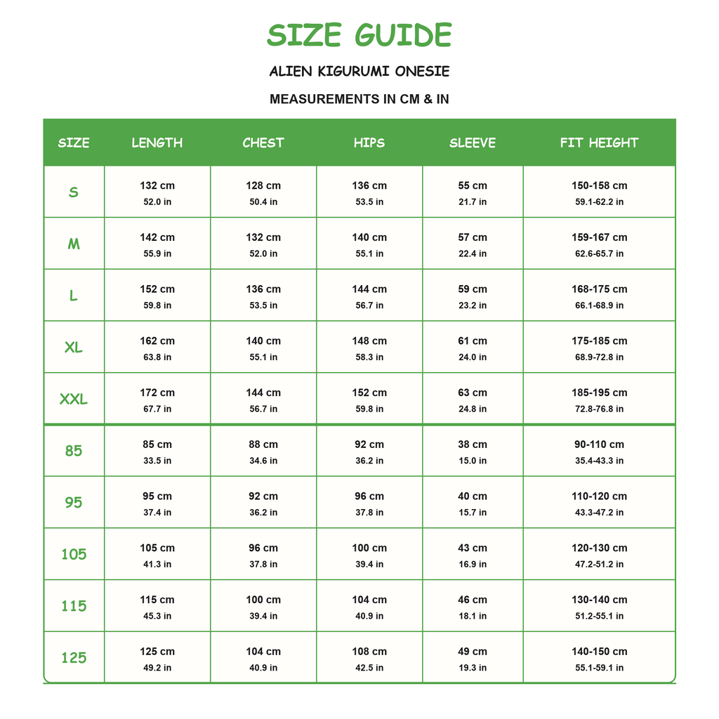 Green Alien Kigurumi Onesie - size guide