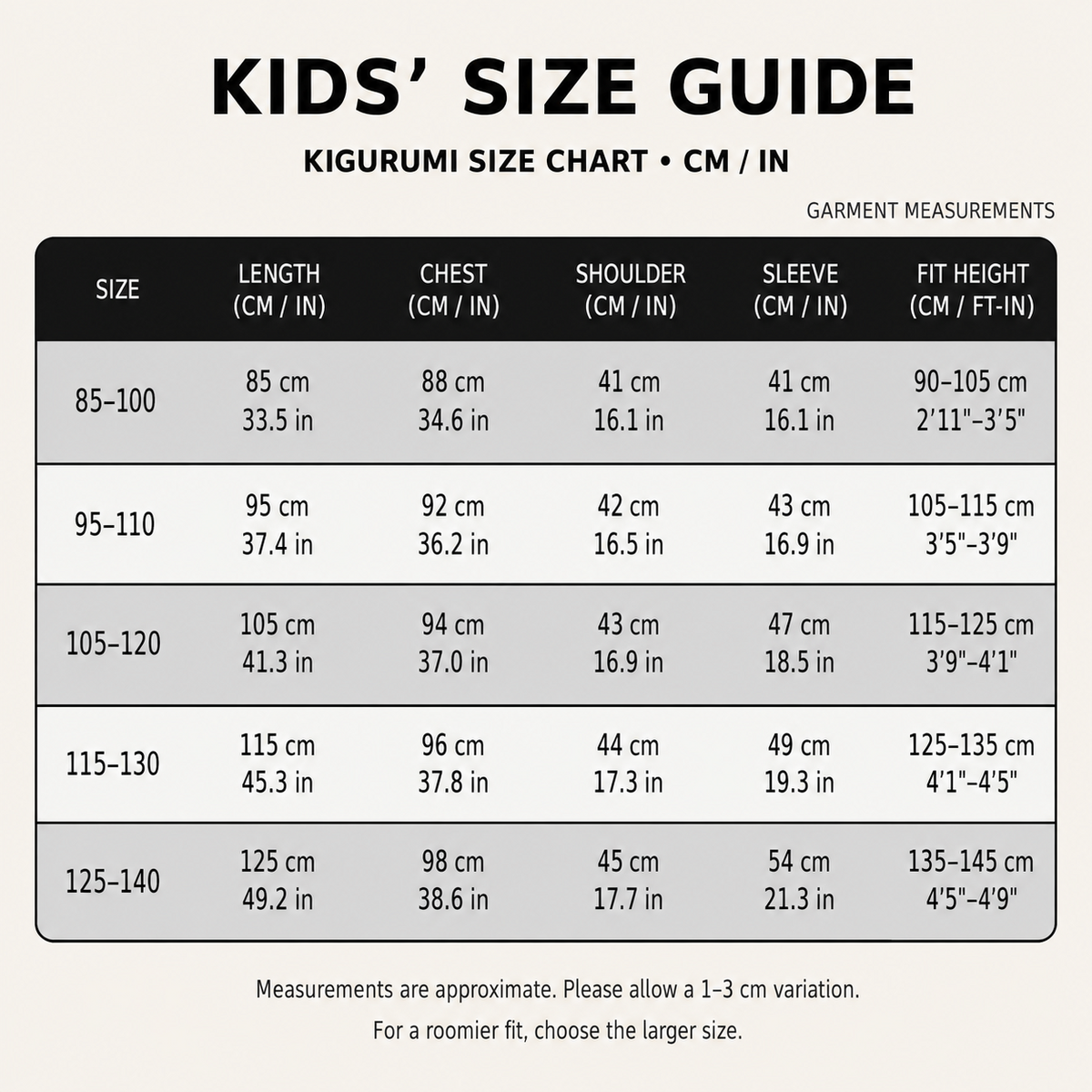 Kids' Kigurumi Size Guide