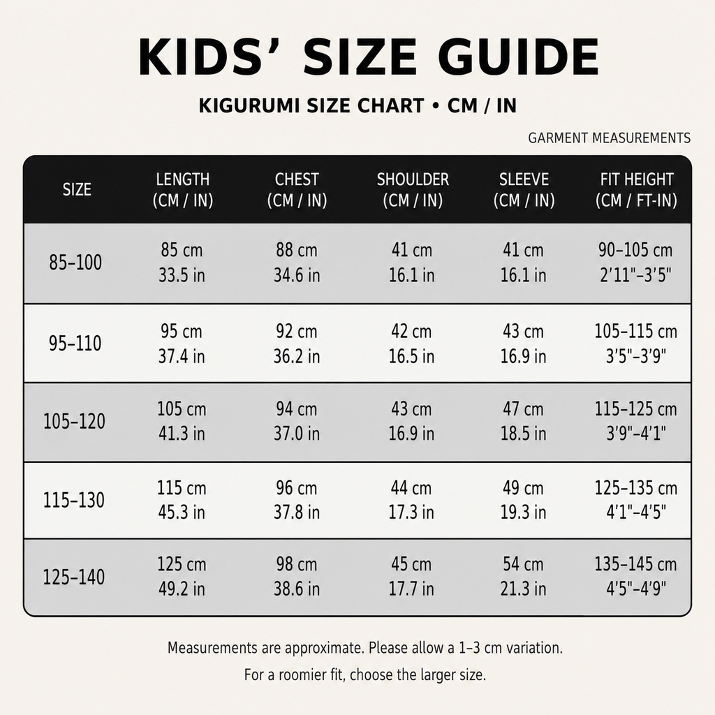 Kids Tigger Kigurumi Onesie - size guide