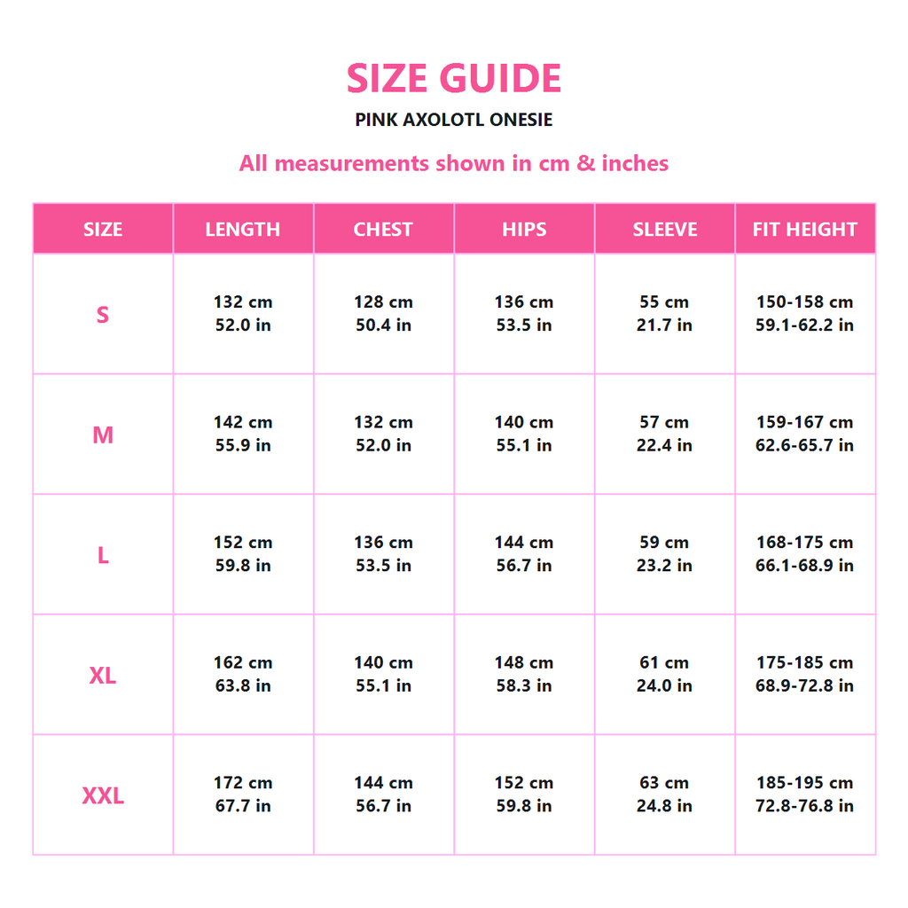 Pink Axolotl Kigurumi Onesie - size guide