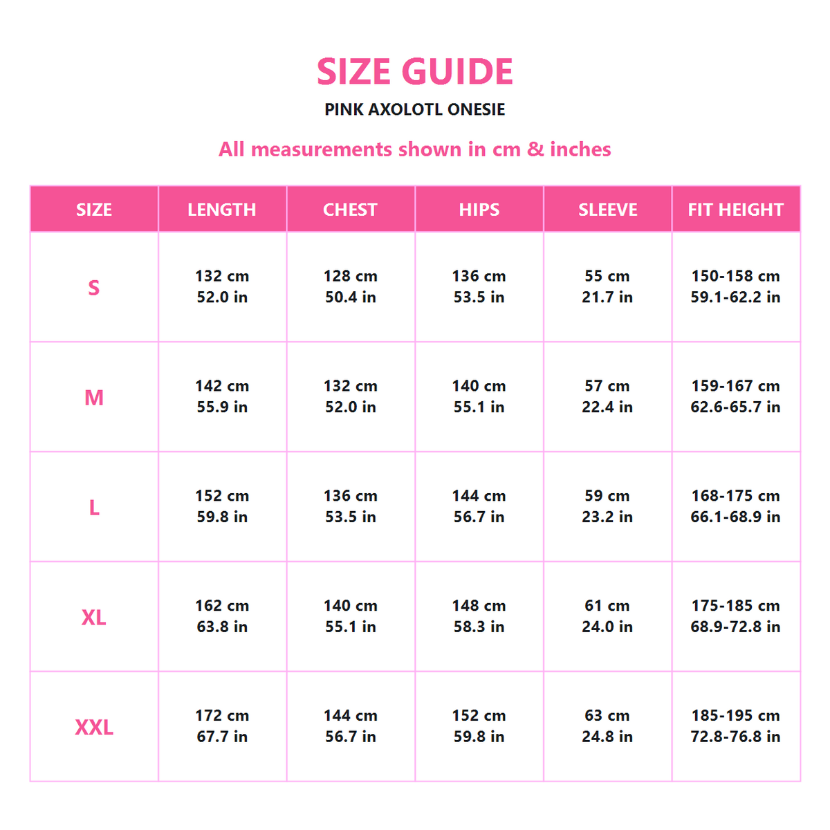 Pink Axolotl Kigurumi Onesie - size guide