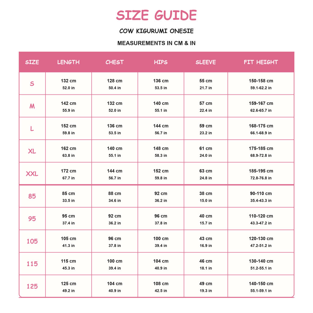 Pink Belly Cow Kigurumi Onesie - size guide