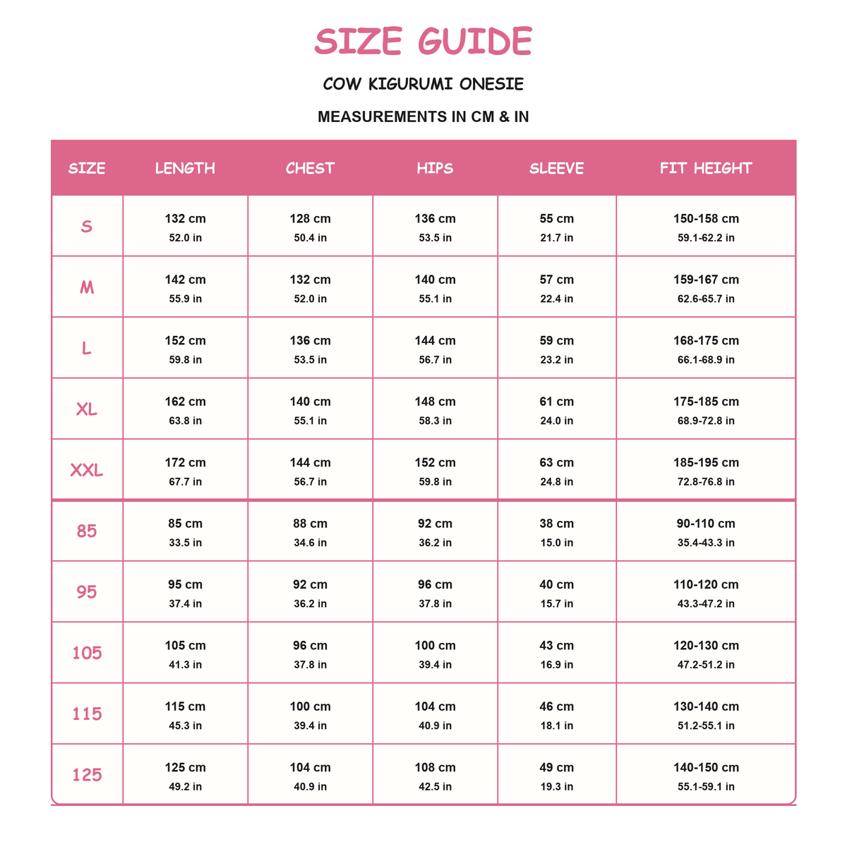 Pink Belly Cow Kigurumi Onesie - size guide