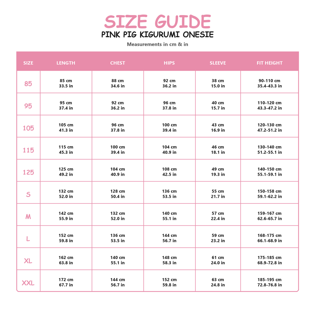 Pink Pig Kigurumi Onesie - size guide