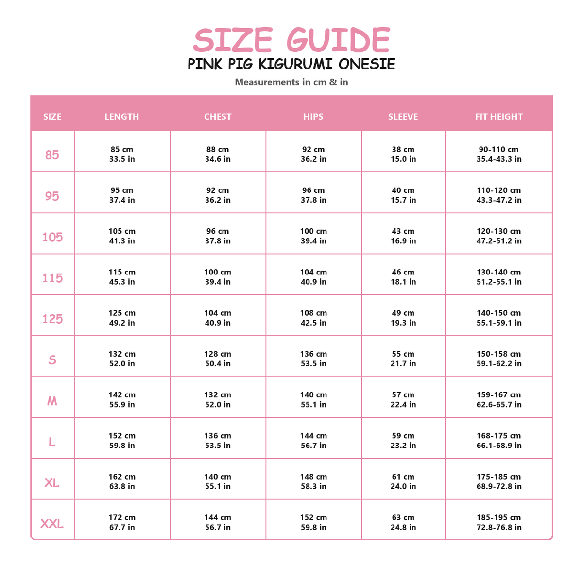 Pink Pig Kigurumi Onesie - size guide