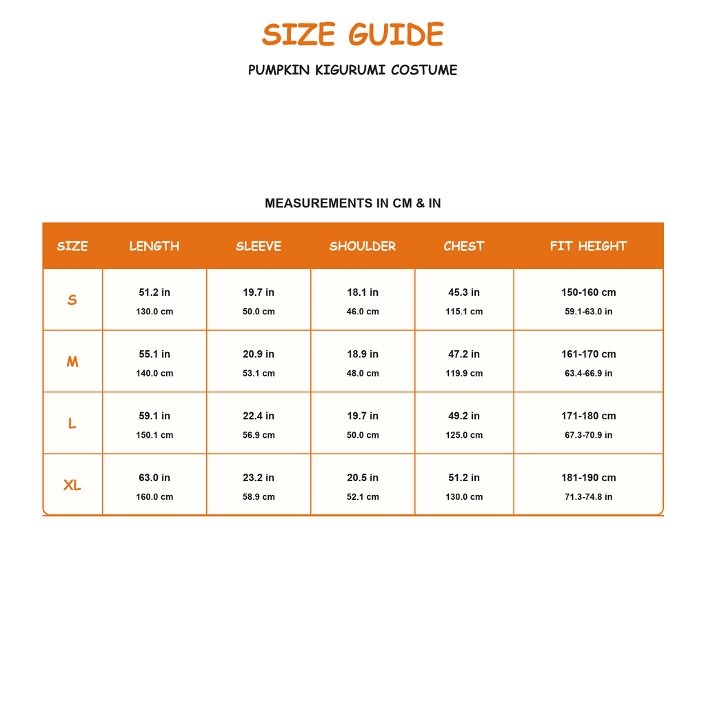 Pumpkin Witch Kigurumi Costume - size guide