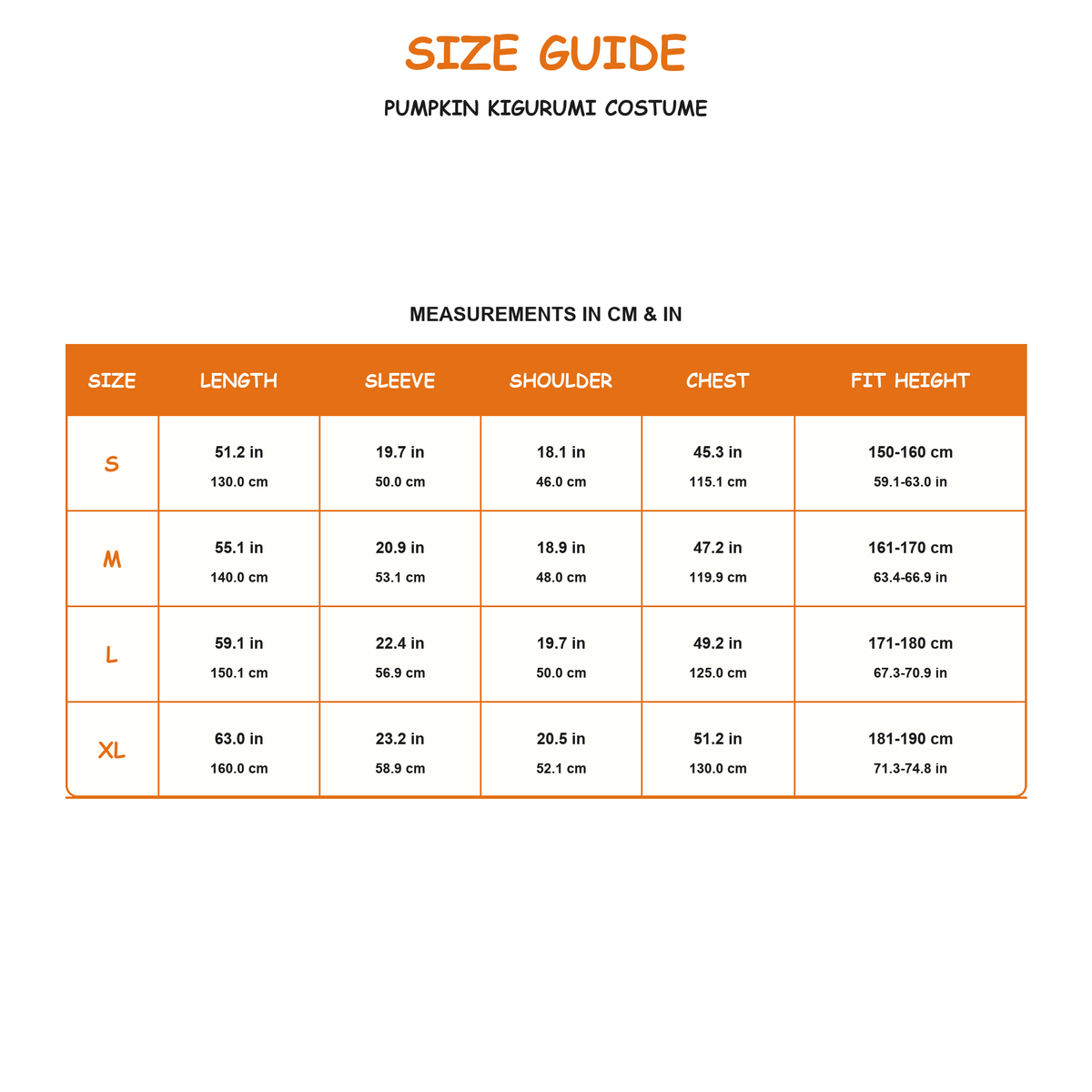 Pumpkin Witch Kigurumi Costume - size guide