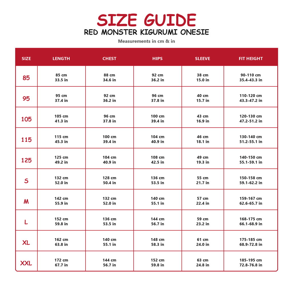 Red Monster Kigurumi Onesie - size guide