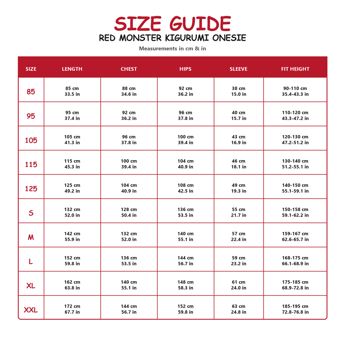 Red Monster Kigurumi Onesie - size guide