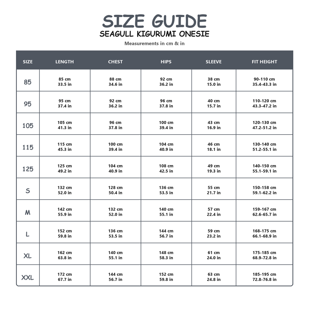 Seagull Kigurumi Onesie - size guide
