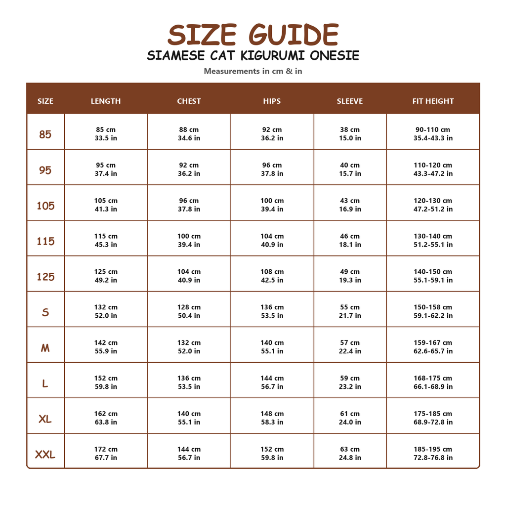Siamese Cat Kigurumi Onesie - size guide