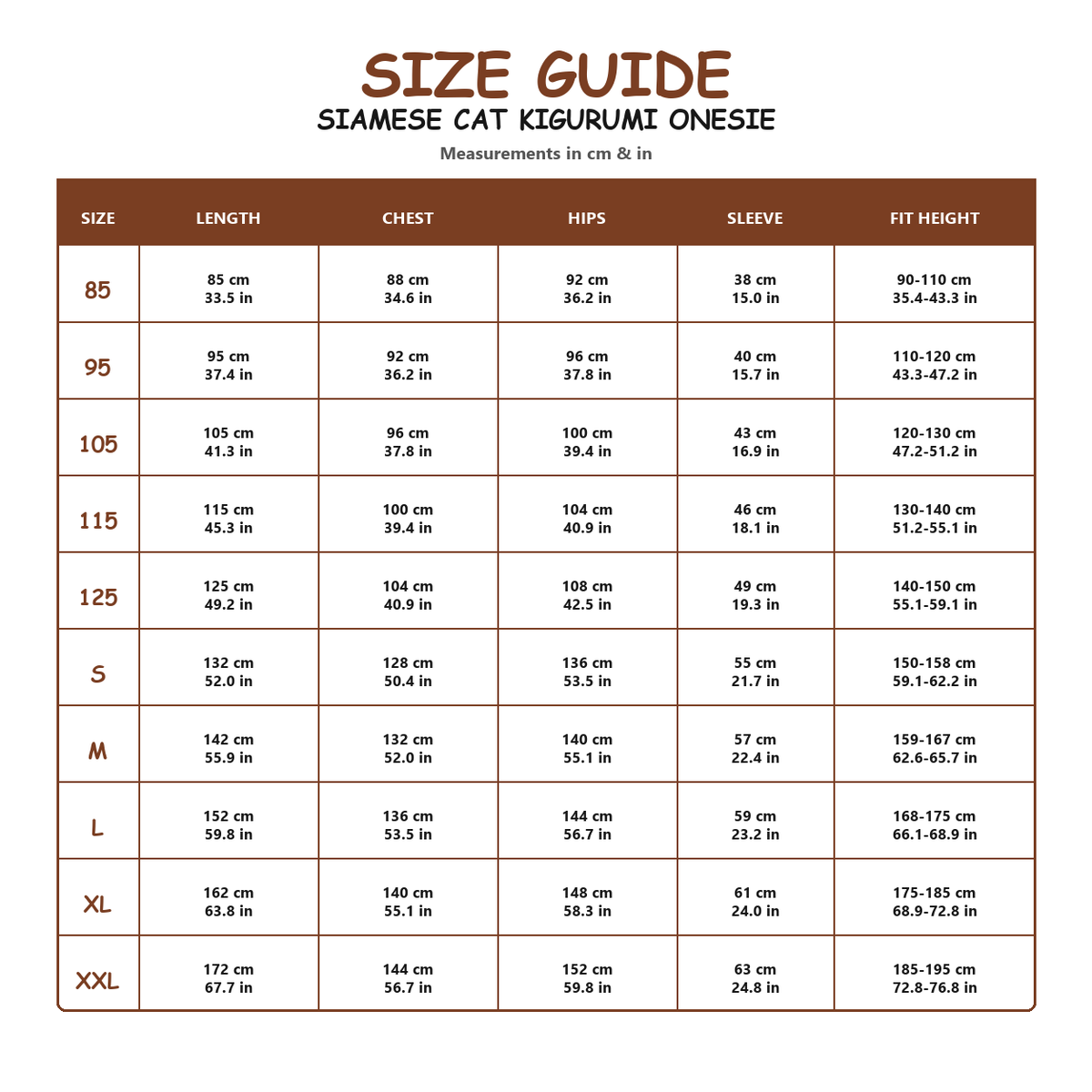 Siamese Cat Kigurumi Onesie - size guide