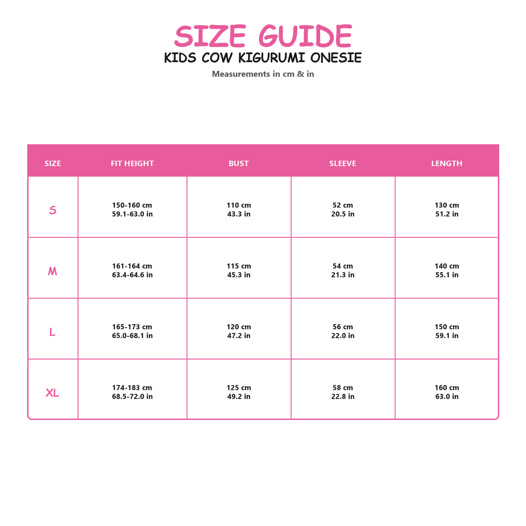 Zip Front Cow Kigurumi Onesie - size guide