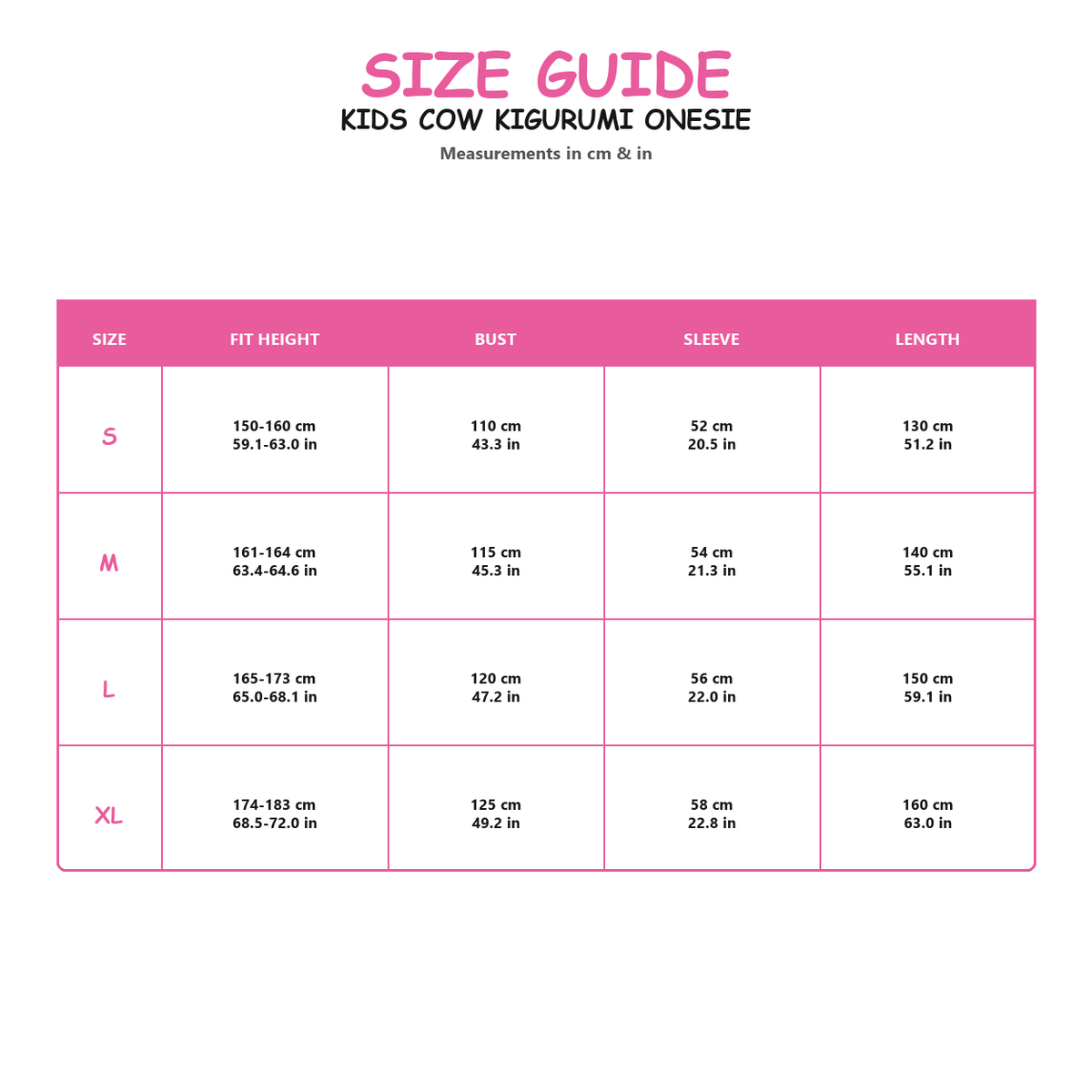 Zip Front Cow Kigurumi Onesie - size guide